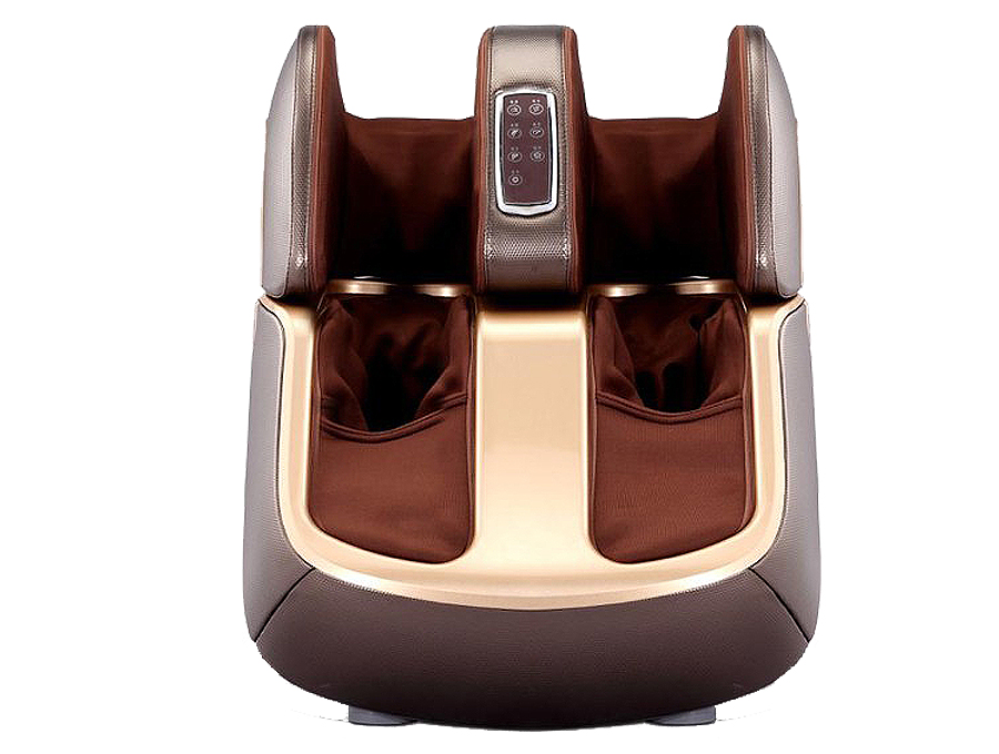 Máy massage chân màu nâu, có bảng điều khiển ở giữa, hai ngăn để chân với thiết kế hiện đại.