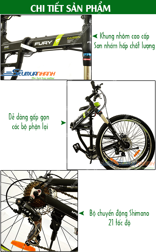 Xe đạp địa hình hiệu FURY-DAISEN (Đen phối xanh lá)